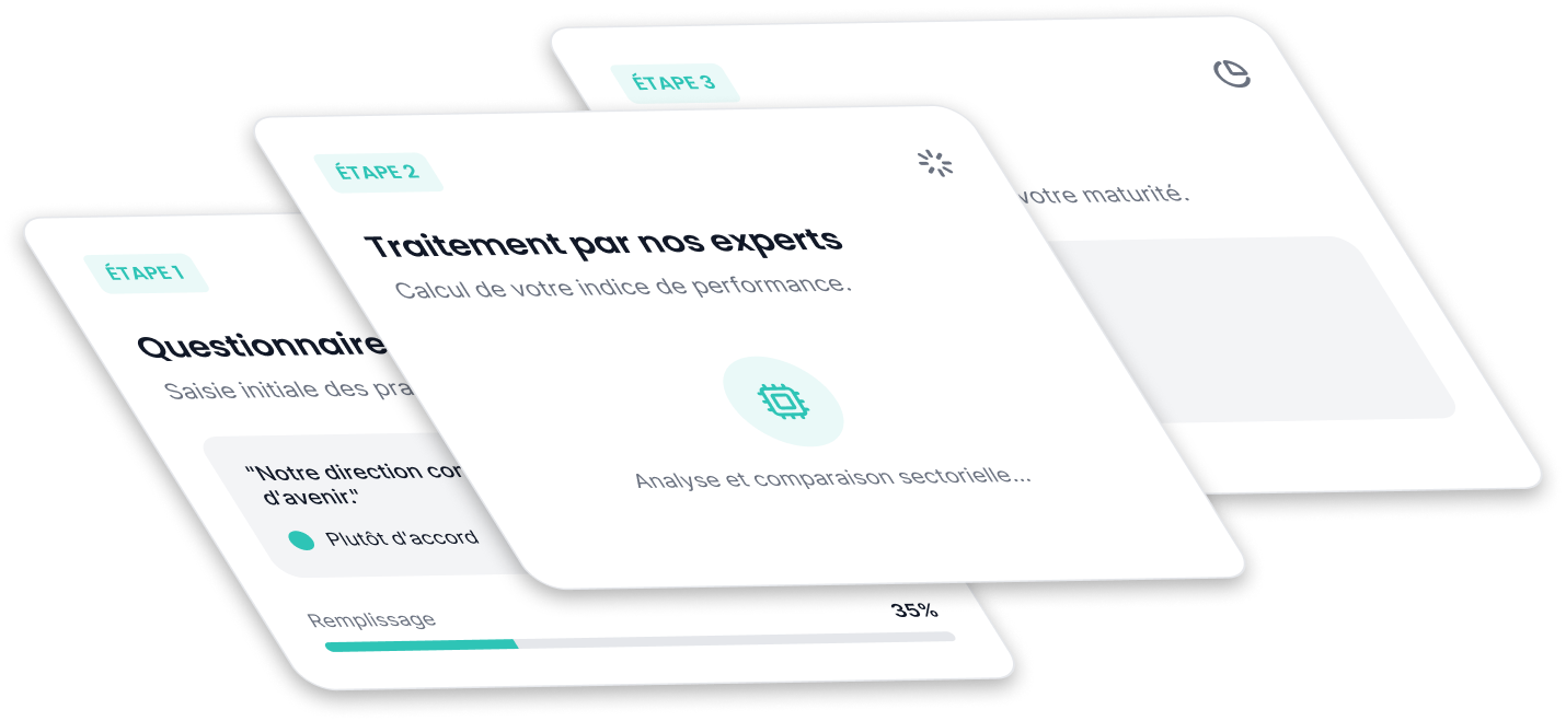 Les trois étapes de l'enquête : questionnaire, traitement IA et rapport